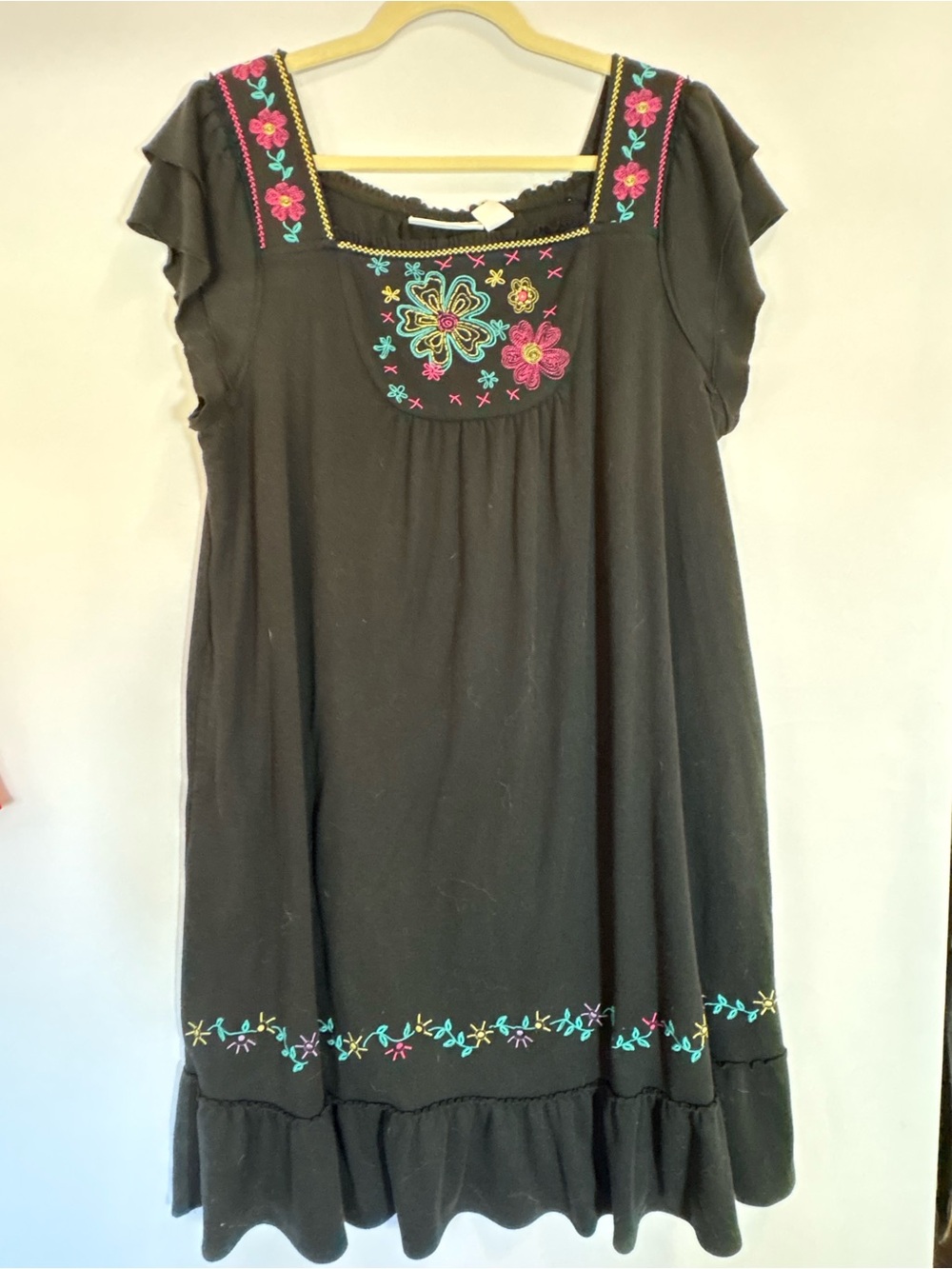 Embroidered Black Midi Dress with Floral Accents